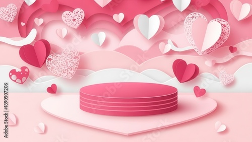 Romantic valentine podium decorated with paper hearts in pastel pink and white colors, celebrating love