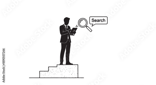 Businessman standing on stairs using tablet with magnifying glass and search icon nearby