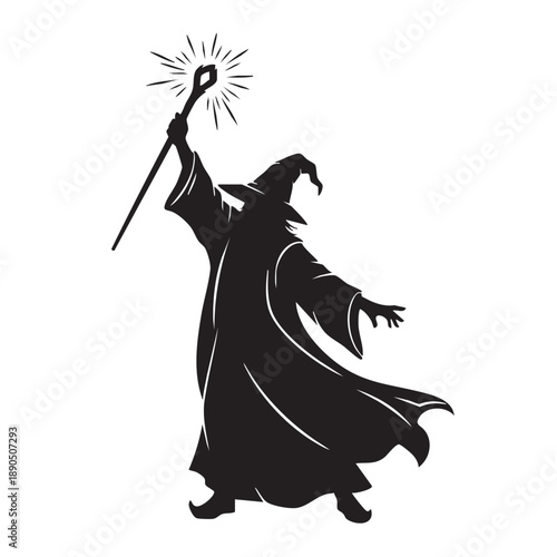 a_wizard_silhouetted_in_black_on_a_white_background_traced