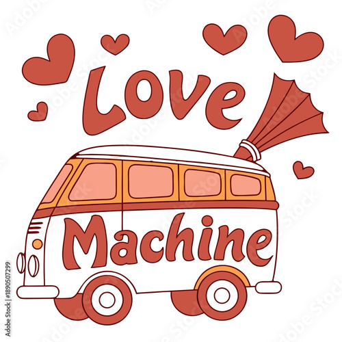 Retro Valentine Van Vector – Love Machine Hippie Bus, Groovy 70s Style Illustration, Romantic Heart Theme Art, Vintage Volkswagen Inspired Design, Cute Cupid Mobile, Wedding Anniversary Graphic & Boho