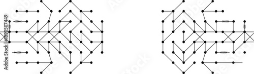 Abstract network diagrams with interconnected nodes and lines in black and white with subtle arrow details