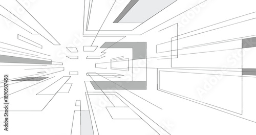 Abstract geometric perspective with converging lines and rectangular shapes creating a sense of depth and futuristic architectural space in shades of grey and white