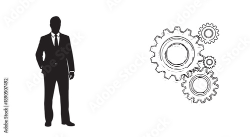 Businessman in suit standing confidently with mechanical gears symbolizing industry and innovation