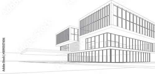 Architectural blueprint of a modern multi-story building with clean lines and large glass windows showcasing contemporary