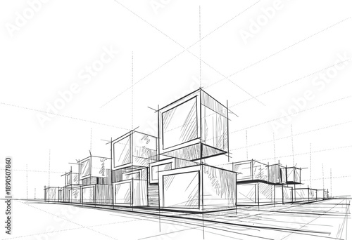 Architectural of modern cubic buildings with perspective lines and dotted grid suggesting and planning process
