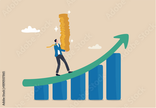 Increase revenue, income or investment profit, growing income or wealth, growth chart diagram or savings and investment return concept, businessman carry money coin stack walk up growth graph diagram.