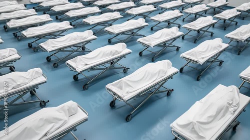 High angle view showing endless rows of deceased victims covered with white sheets on hospital gurneys, suggesting a pandemic, war, or mass casualty event in a temporary morgue facility