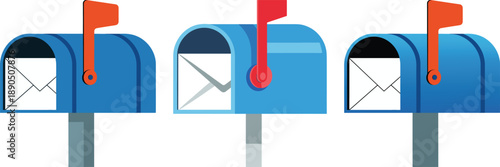 Mailbox, mail, envelope, vector, illustration, sketch, outline, communication, postal, delivery, message, icon, graphic, design, layout, blue, red, flag, post, cartoon, stylized