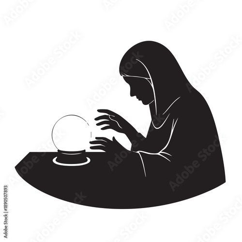 a_woman_in_a_black_robe_is_holding_a_crystal_ball_traced