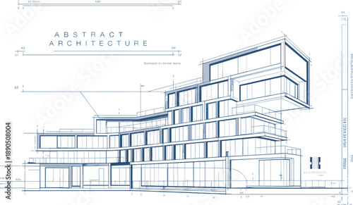 Blueprint of abstract architecture featuring a multi-level building with extensive glass windows and balconies, presented in a technical style