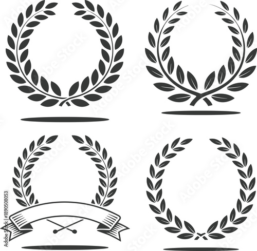 Collection of four dark grey silhouette laurel wreath and wheat sheaf emblems with ribbon for achievement and victory