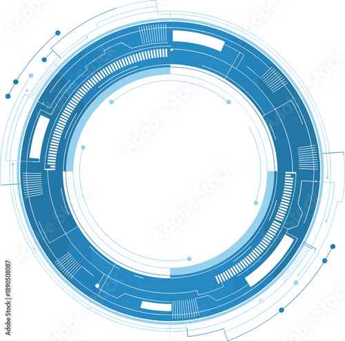 Clean blue circular HUD with precise digital lines and segmented segments on a white background symbolizing advanced technology and data processing