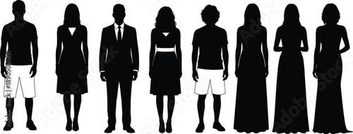 people silhouettes standing, diverse clothing styles, fashion outline, male female figures, casual formal attire, artistic design, social diversity, character illustration, posture graphic