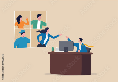 Hybrid work employee choice to remote work from home or come to office, flexible workplace for productivity concept, businessman sitting in office talk in conference call with people work from home.