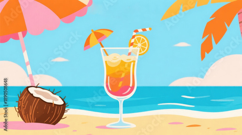 Vivid Whimsy editorial minimalist illustration with summer holidays attributes like coconut and coctail with copy space. Soft blue, orange, pink and yellow colors. Copy space