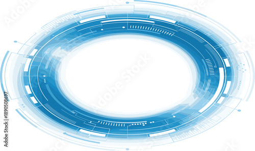 Futuristic circular interface HUD with glowing blue digital data and geometric patterns on a white background representing technology and innovation