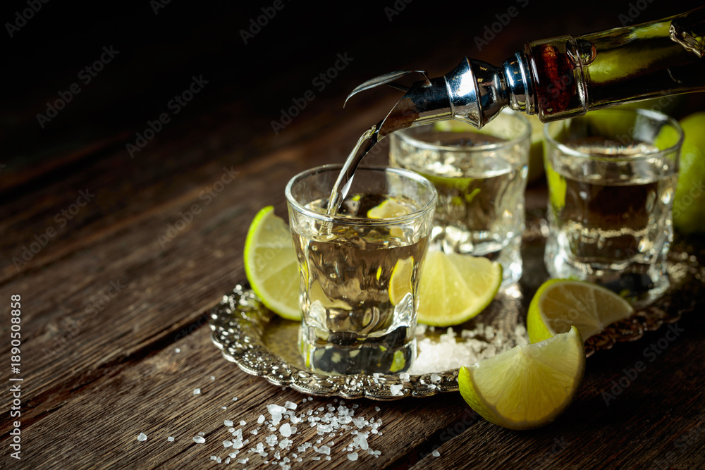 Fototapeta premium Tequila with salt and lime slices on a silver tray.
