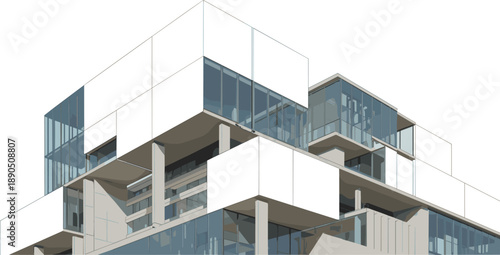 Modern architectural of a multi-story building with cantilevered sections and glass facades showcasing contemporary urban construction