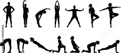 yoga pose silhouettes, stretching exercise illustration, fitness posture outline, meditation design, wellness activity, body balance art, workout graphic, health icons, spiritual practice, relaxation