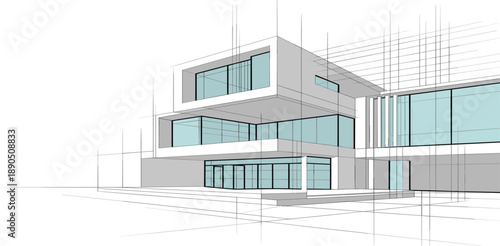 Modern architectural blueprint of a multi-story residential building with clean lines and large glass windows showcasing a contemporary aesthetic