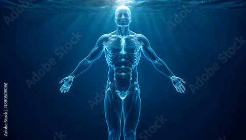 Transparent human body shape filled of water, blue shining background, copy space. Hydration concept. Water importance