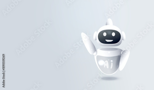 3D white cartoon friendly AI chatbot vector character background. Virtual assistant robot for customer support and online help. Concept of technology bot isolated on gray background.