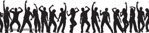 Energetic Black Silhouette Collection of Diverse People Dancing and Celebrating at a Music Concert Nightclub or Party Event Isolated on a Clean White Background