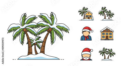 Tropical christmas scene with palm trees snowy landscapes and holiday icons
