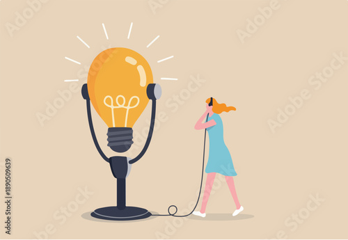 Motivation podcast, listen to inspiration idea for self improvement and career development, success story concept, inspired woman using headphone to listen to big lightbulb idea podcast microphone