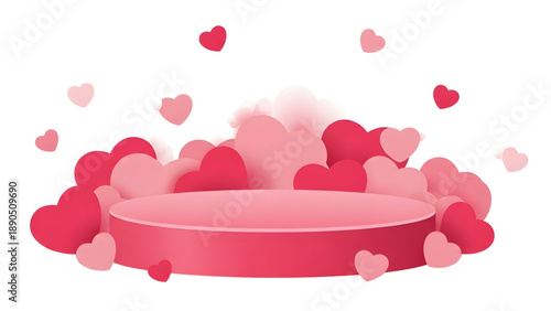 Romantic pink podium surrounded by floating hearts for Valentine's Day or love-themed promotions