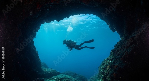 Wallpaper Mural A scuba diver swims through an underwater cave opening into bright blue ocean waters, surrounded by rocky formations and rising bubbles. Torontodigital.ca