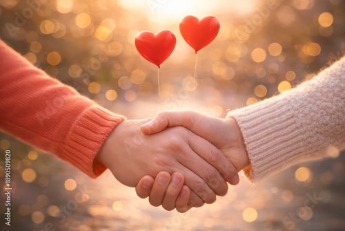 Two hands, one wearing a soft orange sweater and the other a light grey knitted sleeve, are clasped firmly in a handshake, with two ethereal red heart balloons floating above them, against a dreamy,  