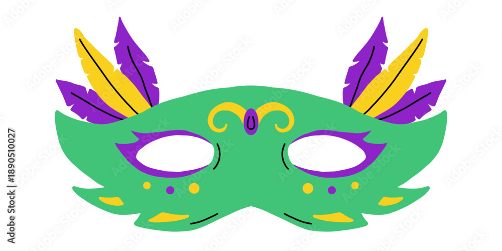 Obraz premium Vector green mardi gras mask with purple and yellow feather and decorative dot detail. Festive carnival masquerade costume accessory for party, parade, holiday invitation, poster design.