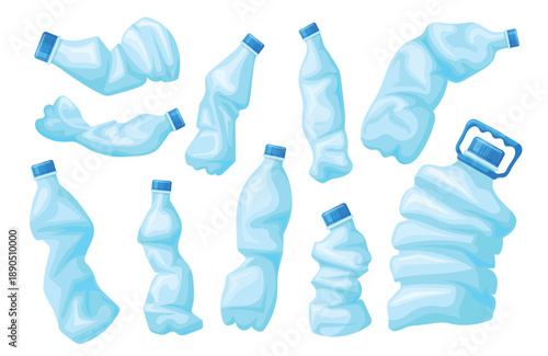 Plastic crumpled bottles. Empty crush water bottle, recycle trash broken used containers mineral drink beverages crushed storage waste rubbish cartoon set neat vector illustration
