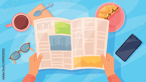 Morning newspaper reading. Man hands hold newspaper, read daily news at breakfast home or office table city press article publication paper media journal, neat vector illustration
