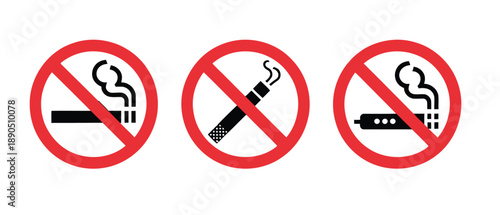 This image displays three distinct no smoking signs, prohibiting traditional cigarettes, e-cigarettes, and heated tobacco products, all with smoke plumes.