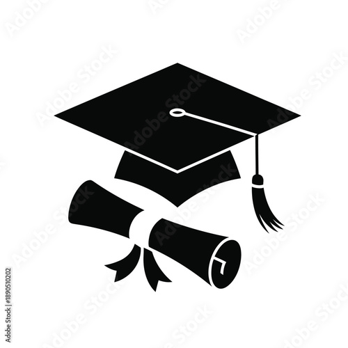 Black silhouette of a graduation cap and a rolled diploma scroll, symbolizing academic achievement and completion of studies.