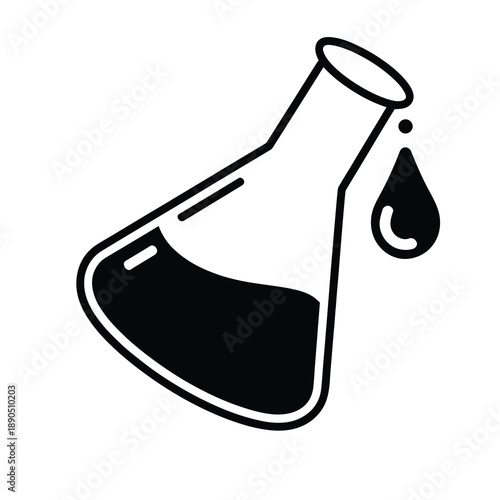 Black and white illustration of a conical flask containing liquid, with a single drop dripping from its spout, symbolizing chemistry and scientific experimentation.