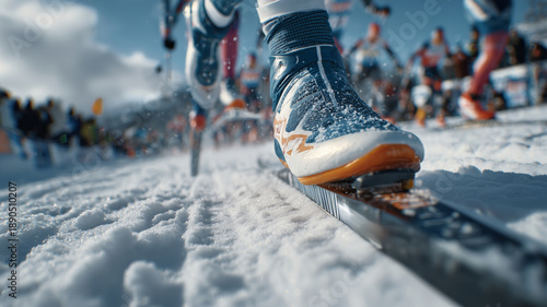 Close-up of skis gliding through fresh snow in a lively race atmosphere