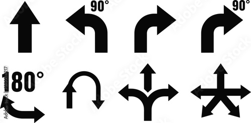 Directional arrow silhouette set with navigation turns, angles, and multi‑way paths, vector artwork