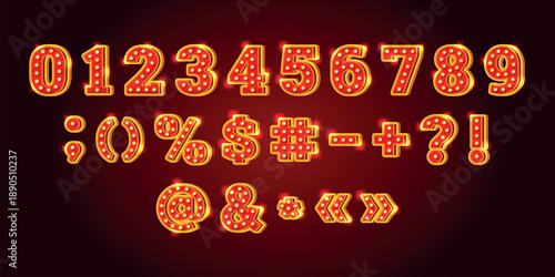 Retro bulb numbers. Light bulbs number circus marquee broadway style glow lamp typography bright vintage casino cabaret cinema theater design figure digit kicky vector illustration