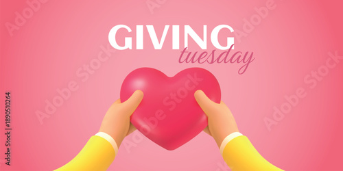 3d charity banner. Donor hands hold red heart, giving tuesday poster design volunteer compassion donation concept social solidarity family support help render vector illustration