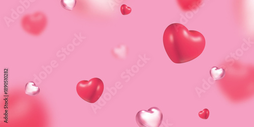 3d falling hearts. Flying red pink chrome heart background, love valentine mothers womens day concept banner romantic decoration social media like design poster vector illustration