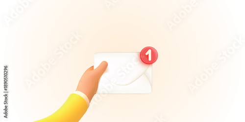 3d hand envelope. Email notification concept, hand hold paper letter with new message icon mail newsletter smm marketing service send sms digital mailbox render vector illustration