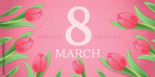 March 8 tulips banner. 3d cartoon pink tulip with stem leaves, fresh spring flowers bouquet 8th international happy womens day poster floral greeting background vector illustration