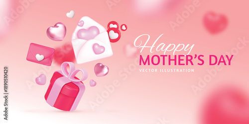 Mothers day banner. 3d hearts gift box with envelope love mom concept pastel background pink heart giftbox ribbon spring parents event celebration poster design vector illustration