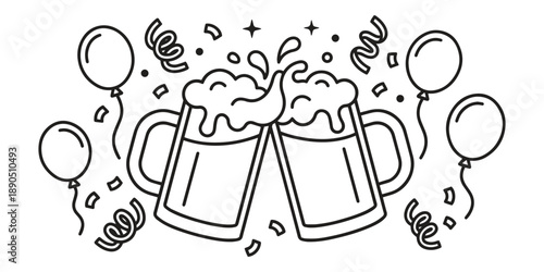Festive Clinking Beer Mugs with Foaming Tops Surrounded by Balloons, Confetti, and Streamers for a Joyous Party and Celebration Atmosphere.