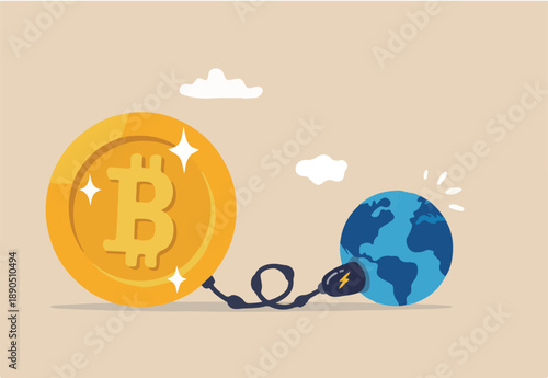 Cryptocurrency sustainability problem, bitcoin and crypto currency mining energy consumption not environment friendly concept, Big bitcoin with electric plug sucking energy from planet earth.