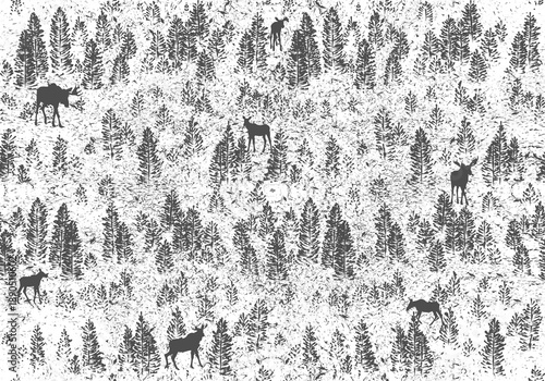 Seamless background with misty forest and moose.