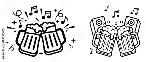 Set of Minimalist Black and White Line Art Icons Featuring Clinking Beer Mugs with Foam, Musical Notes, and Party Decorations.